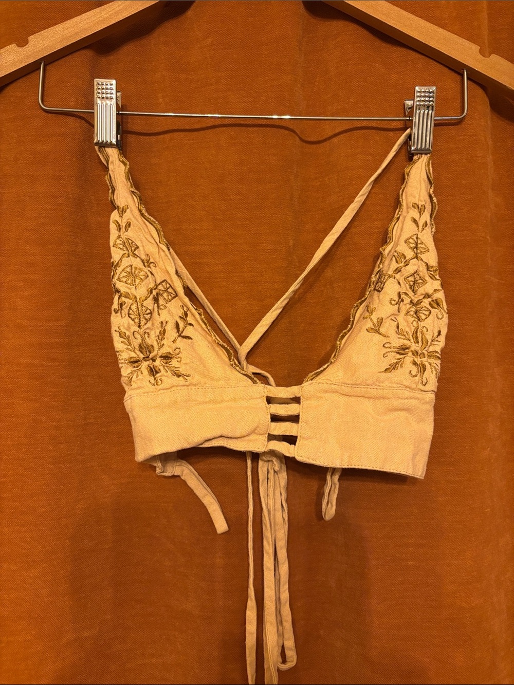 Free People Embroidered Triangle Bralette in Tan